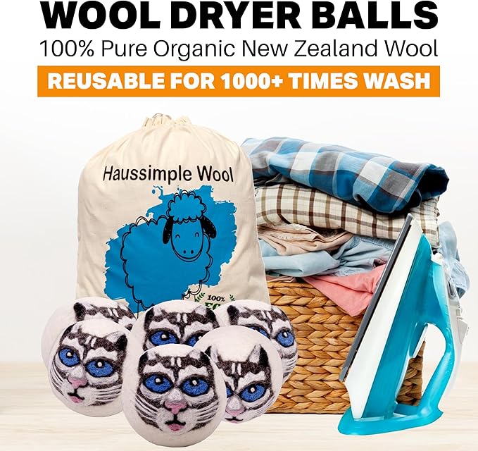 Wool Dryer Balls 6-Pack 100% Natural New Zealand Wool, Handmade in Nepal Reusable Laundry Balls, Faster Drying, Softer Clothes, Anti-Static, Dryer Sheets Alternative (Gray Cat)
