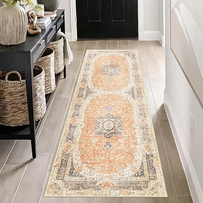 Washable Runner Rug 2x6,Boho Rug Runners Non Slip,Long Rugs for Hallways Kitchen Bedroom Entryway Bathroom,Vintage Bohemian Distressed Farmhouse Floor Carpet,Retro Orange Grey Floral