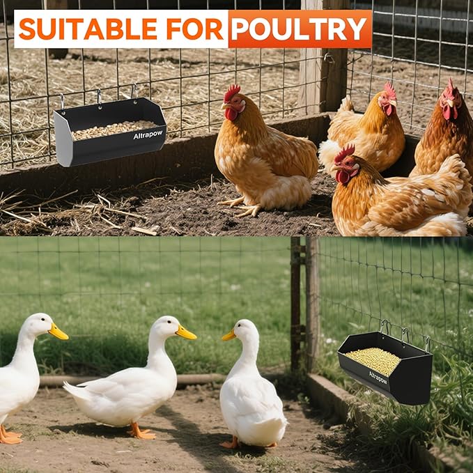 4.5 Quart Hanging Goat Feeder [Material of Metal] with Clips and Nylon Tie Wraps, Fence Feeder [Sturdy and Durable] for Goat, Pig and Dog, Black, 2 Pack