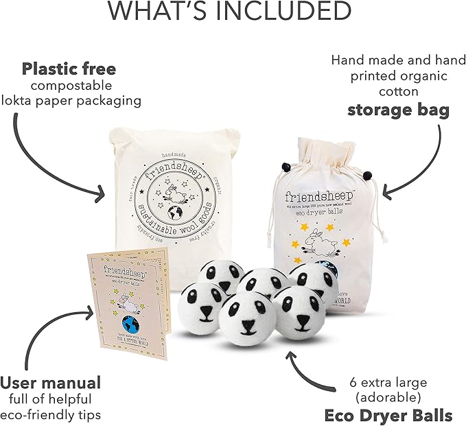 Friendsheep Wool Dryer Balls, Organic Reusable Fabric Softener Alternative for Laundry, Handmade, Fair Trade, Hypoallergenic, Eco-Friendly, Plastic-Free (6 Pack XL – Panda)