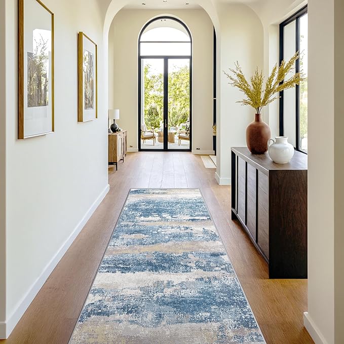 GENIMO Runner Rug 2x5 Non Slip Machine Washable Hallway Runner Rug, Low Pile Lightweight Rugs for Entryway, Hallway, Kitchen and Corridor, Blue Cream