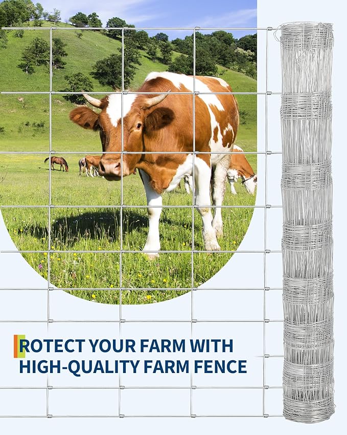 Farm Fence, 5FT x 328FT Heavy Duty Galvanized Cattle Fence Panel - Zinc Coated Wire Fencing for Livestock, Goat, Sheep & Garden Enclosure, Farm Animal Protection