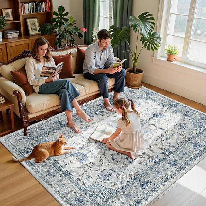 Area Rugs 6'x9' Washable Non-Slip, Floral Vintage Distress Print Pattern Medallion Carpet for Living Room Bedroom Dining Room, Light Blue Navy Beige Gray White