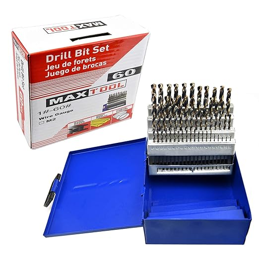 MaxTool Twist Drill Bit Set 60PCs High Speed Steel M2 Jobber Length Fully Ground for Metal Stainless Steel Plastic etc Number 1-60; JBS02H10R060