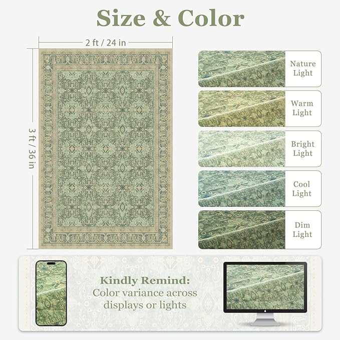 Sage Green Small 2x3 Rug, Boho Floral Moroccan Printed Door Rugs for Entryway Indoor, Washable Non Slip Low Pile Thin Soft Door Mat Indoor Entrance for Kitchen Bathroom Laundry Room Bedside