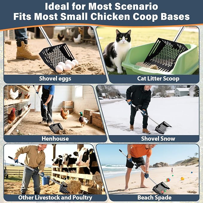 2 in 1 Chicken Poop Scooper & Rake, 10 Inch Sand Sifting Shovel with 35" to 62" Adjustable Stainless Steel Handle, Durable Litter Cleaner with Ergonomic Grip Gloves for Chicken Coop Farm Animal(Black)