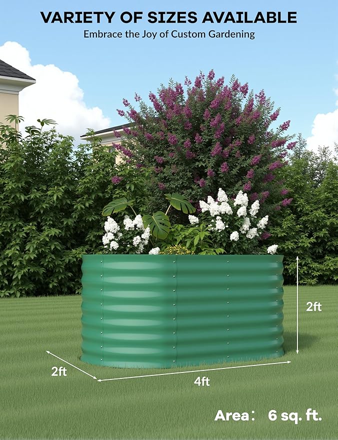 GarveeLife 4x2x2 ft Galvanized Raised Garden Bed - 24 in Tall Metal Planter Box for Vegetables, Flowers, Herbs, Rust-Resistant Outdoor Garden Box, Easy Assembly Raised Beds for Gardening, Green