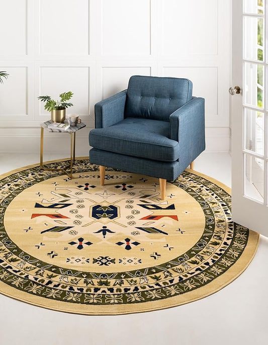 Unique Loom Taftan Collection Border Geometric Tribal Inspired Design Area Rug (8' 0 x 8' 0 Round, Gold/ Gray)