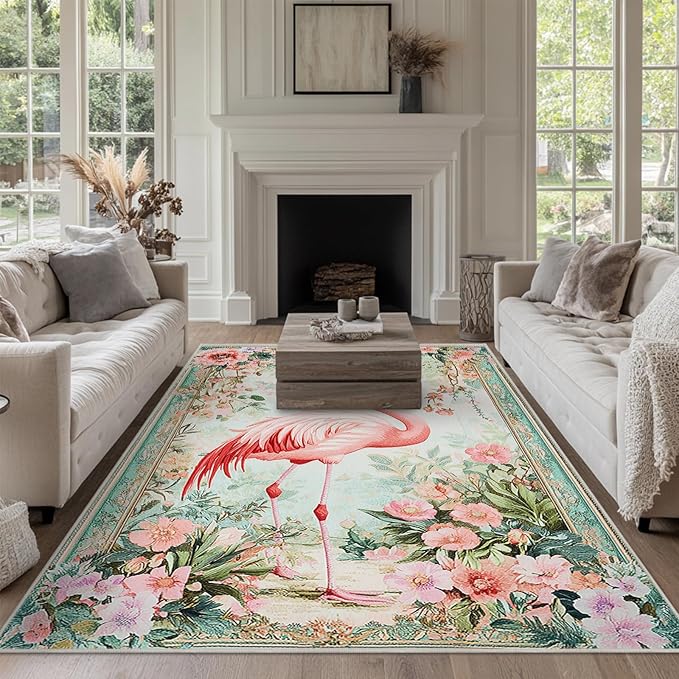 6x9 Flamingo Area Rugs Boho Floral Tropical Botanical Rug for Living Room Indoor Soft Non-Slip Thin Large Carpet Flower Rugs for Bedroom Home Decor Under Table Washable Machine
