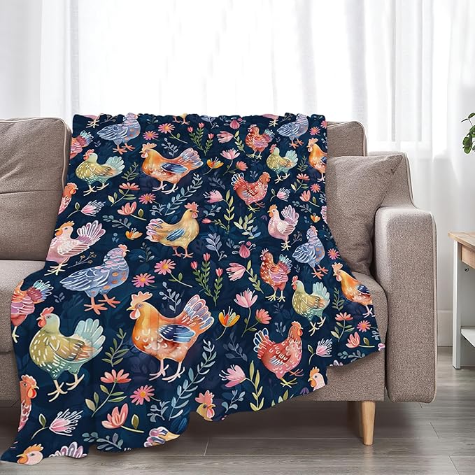 Chicken Blanket Gifts for Girls Boys Lovers Soft Warm Plush Chicken Floral Throw Blanket Flannel Fleece Fuzzy Hen Stuff Blanket for Bed Couch Living Room Decor 50"X40"