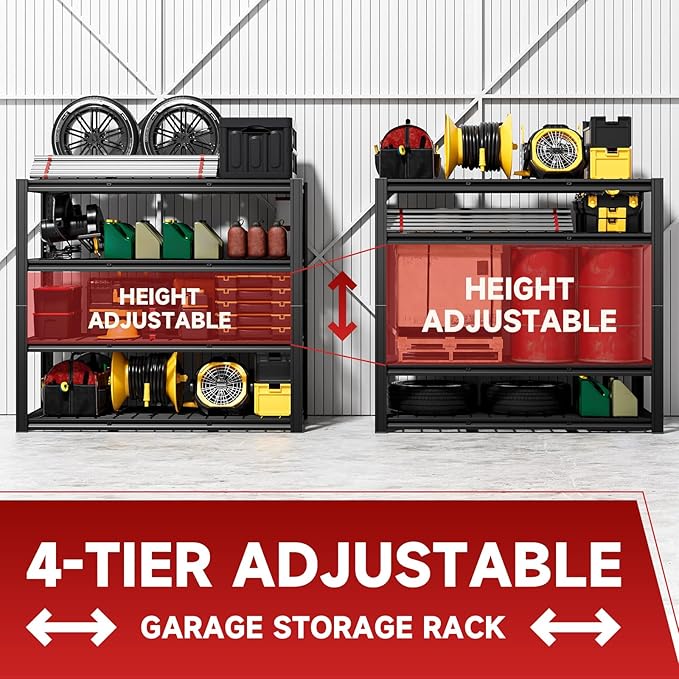 4-Tier 60”W Garage Shelving Heavy Duty 2500LBS Garage Storage Rack 60" W Basement Warehouse Storage Shelves Units Adjustable Metal Shelf for Garages(Black)