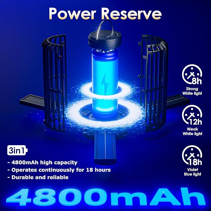 TYPEC Bug Zapper, Solar Bug Zapper with 3 Solar Charging Panels, IP65 Waterproof Mosquito Zapper, 4200V Mosquito Zapper with LED Light, Outdoor Indoor AUTO ON/Off