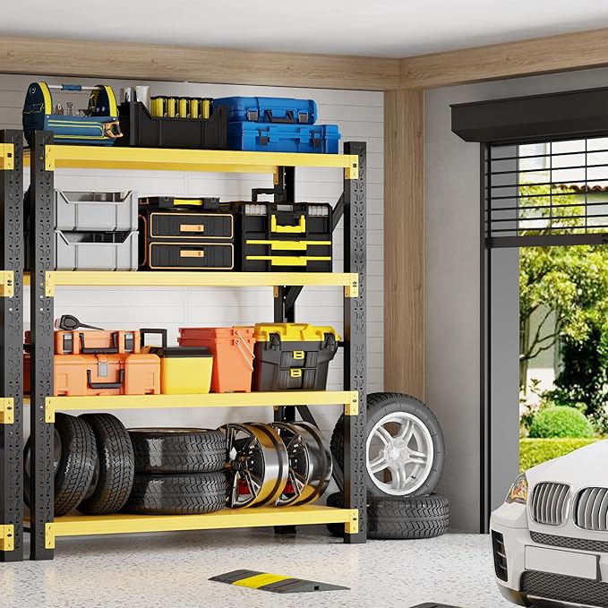 5000LBS Garage Shelving 59" W Garage Shelving Heavy Duty 4-Tier Metal Storage Shelves Adjustable Shelf Unit Storage Rack for Basement Supermarket Warehouse 59" W x 20" D x 78" H Yellow