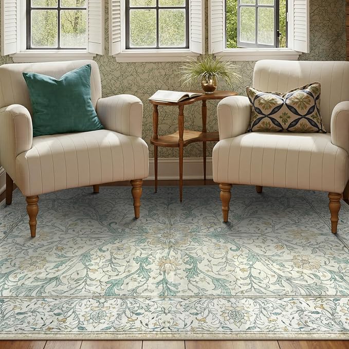 Collive 5x7 Area Rug, Washable Neutral Hand-Painted Floral Living Room Bedroom Rug, Vintage Distressed Non Slip Low Pile Throw Carpet, Soft Retro Rugs for Dining Room Office, Ivory/Light Turquoise
