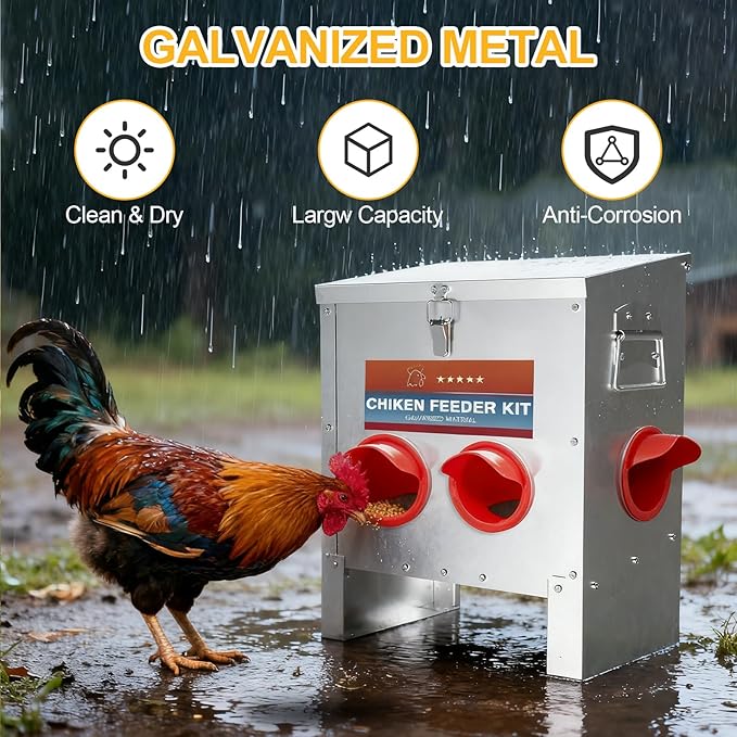 Automatic Chicken Feeder Large Capacity 25lbs Metal Chicken Feeder with Latch & Handle for Chickens, Geese, Ducks, Turkeys, Quails, Weatherproof (4-Port)