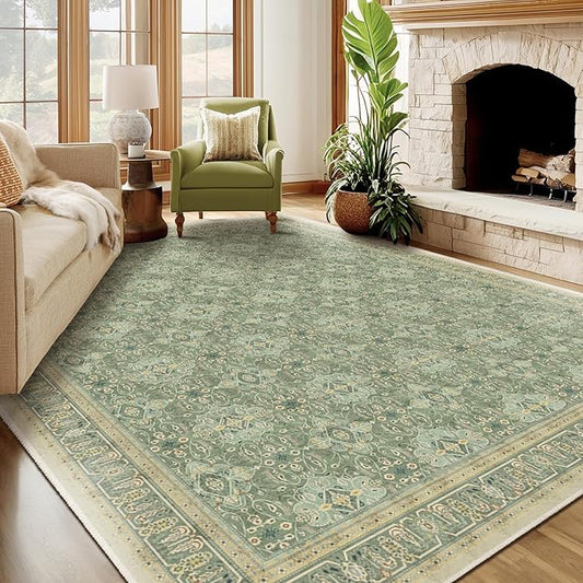 Sage Green 9x12 Rugs for Living Room, Large Area Rug Washable Non Slip Low Pile Ultra Thin, Boho Floral Moroccan Pattern Printed Carpet Rug for Bedroom Dining Room