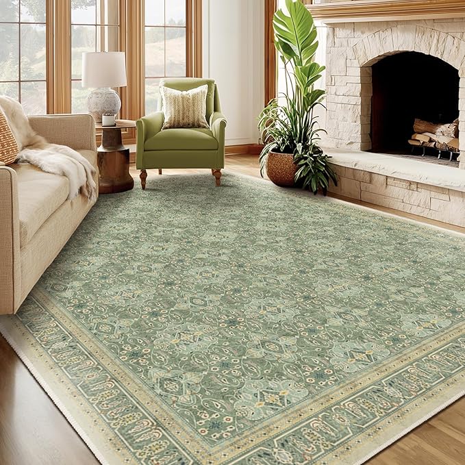 Sage Green Rugs 8x10, Washable Non Slip Area Rug for Living Room Bedroom Dining Room, Boho Floral Moroccan Pattern Printed Carpet Rug Low Pile Thin for Nursery Playroom Kids Room