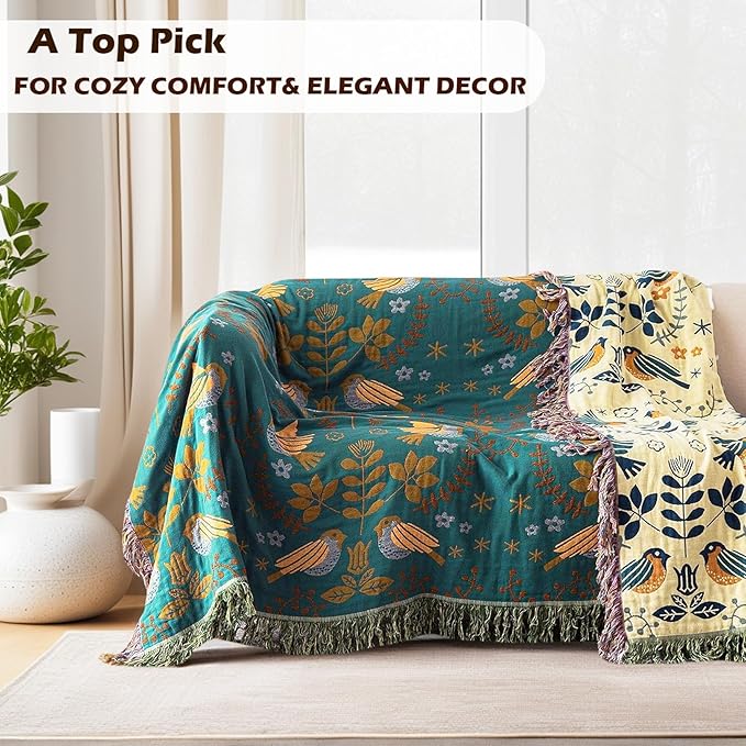 Boho Sofa Bed Large Throw Blanket, Ultra Soft Luxury King Throw Quilt, 100% Organic Cotton Reversible Bohemian Throw for Couch Chair Bedspread and Gift, 91" x 98"-Teal