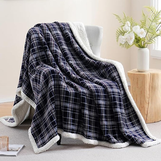 PU MEI Sherpa Fleece Throw Blanket 60" x 80" Reversible Plush Fluffy Large Big Blanket Lattice Flannel Blankets for All Season Use,Navy Blue Check