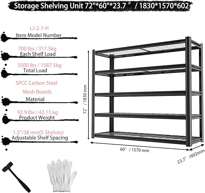 Storage Shelving Unit Height Adjustable Heavy Duty Garage Shelves Metal Utility Rack for Kitchen Pantry Basement Pantry Warehouse Laundry Black 72" H x 60" W x 23.7" D 5-Tier 3250LBS
