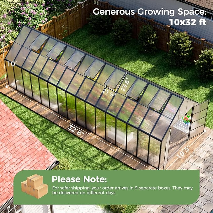 10'x10'x32' Snap-Together Greenhouse - Easy 3-Way Connectors, Heavy-Duty Aluminum Frame, Wind/Snow Resistant for Gardening/Urban Farming, Includes Sliding Door & Ventilation Windows