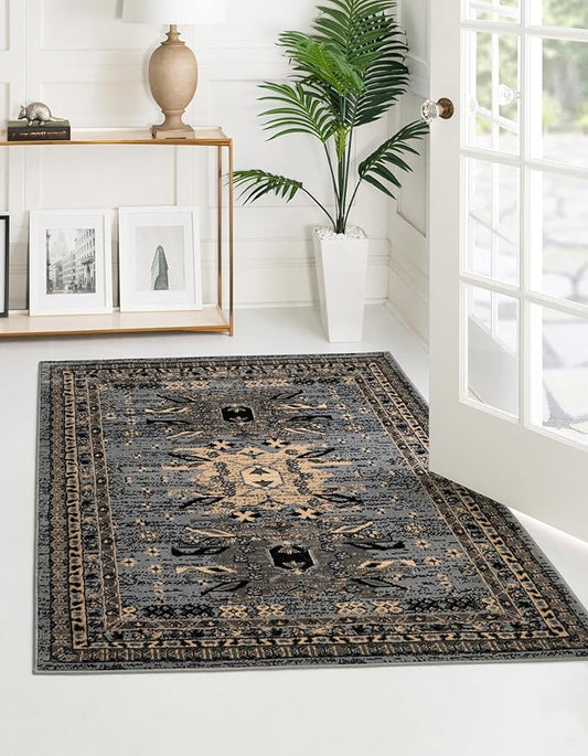 Unique Loom Taftan Collection Border Geometric Tribal Inspired Design Area Rug (7' 0 x 10' 0 Rectangular, Gray/ Black)