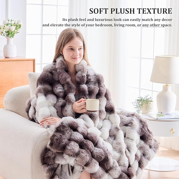 Faux Fur Queen Blanket for Couch, 1000 GSM Cozy Fuzzy Fluffy Soft Plush Thick Bubble Sherpa Blanket for Sofa Bedroom Living Room, Mothers Day Birthday Gifts for Women Home Decor
