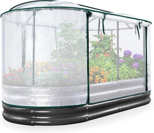 KING BIRD Raised Garden Bed with Cover Galvanized Oval Planter Garden Box Outdoor for Gardening, Vegetables, Flowers 71x36x12 in, White