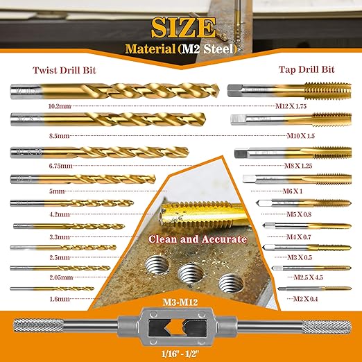 18Pcs Metric Drill and Tap Set with 1Pc Tap Wrench, M2 HSS Thread Tap Set from M2 to M12, Combination of Drill and Tap Set for Metal,with Exquisite Indexed Box