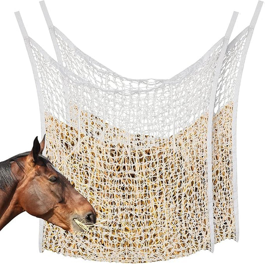 Fabbay 2 Pcs Slow Feed Hay Net Hay Feeder Bags for Horses Goat Stall Trailer Horse Feeding Supplies(24 x 35 Inch,White)