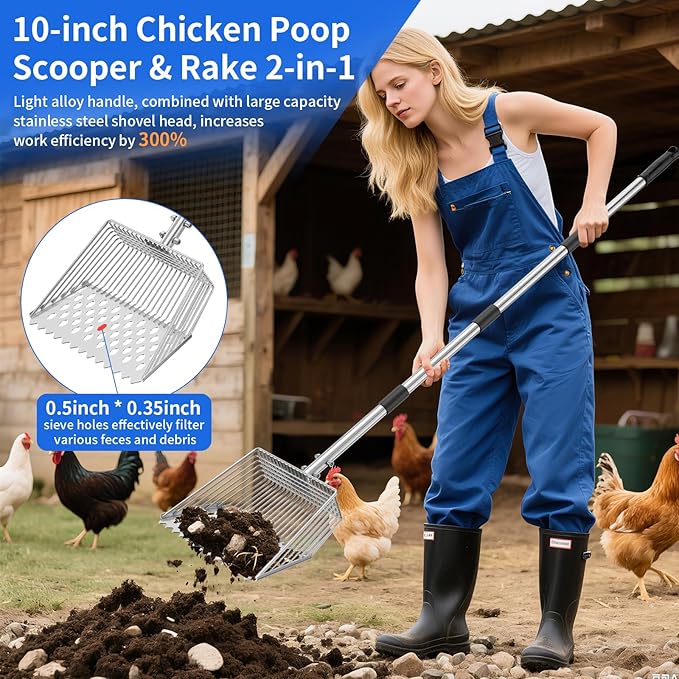 Chicken Poop Scooper & Rake 2-in-1,Chicken Litter Scoop with Handle(24 to 69") for Chicken Coop & Pet Waste Cleaning,304 Stainless Steel Shovel Head, Chicken Coop Accessories，Litter Sifting Shovel