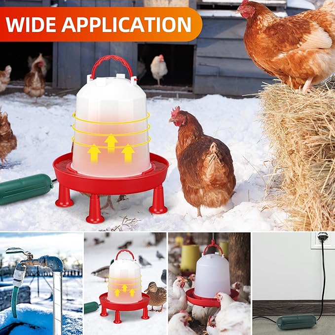 3 Pcs 6L Heated Chicken Waterer for Winter 1.6 Gallon Heated Poultry Waterer with Leg Support Chicken Water Heater for Winter with Outdoor Extension Cord Cover and Pipe Insulation Tape Wrap