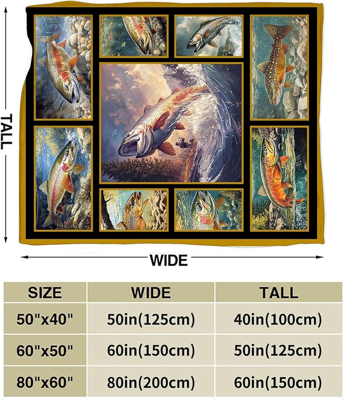 Fishing Throw Blanket Ultra Soft Cozy Rainbow Trout Fish Blanket Fleece Fuzzy Plush Fishing Lovers Decor Gifts for Women Girls Adults Couch Sofa 50"x40"