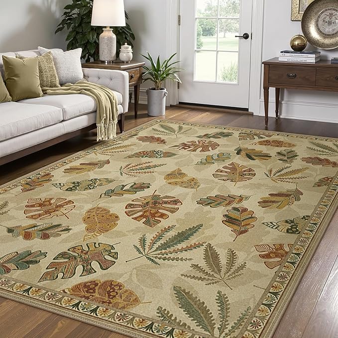 GENIMO 6x9 Area Rugs for Living Room, Machine Washable Non Slip Rugs, Low Pile Lightweight Print Rug for Bedroom, Dining Room, Home Office, Leafy Daylight