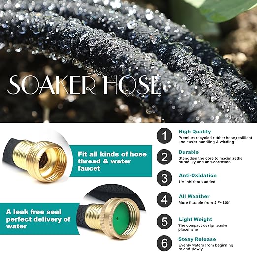 100 FT Soaker Hose 1/2" Heavy Duty Garden Hose to Save 70% Water Drip Irrigation Kit for Lawn/Yard Landscaping Beds (100FT)