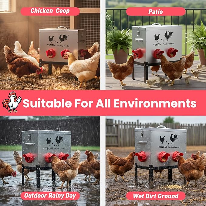 40 lb Automatic Chicken Feeder No Waste, 6 Feeding Port Large Metal Chicken Feeders, Poultry Feeder with Adjustable Height Base & Locking Lid, Rat Proof Chick Feeder for Chickens, Ducks & Geese