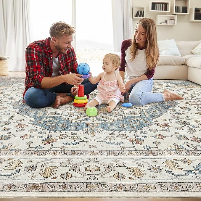Area Rug for Living Room - 9x12 Soft Washable Oriental Vintage Floral Distressed Large Carpet - Fade Stain Resistant Non Slip Rugs for Bedroom Dining Room Nursery Dorm Office Home Decor - Blue/Beige