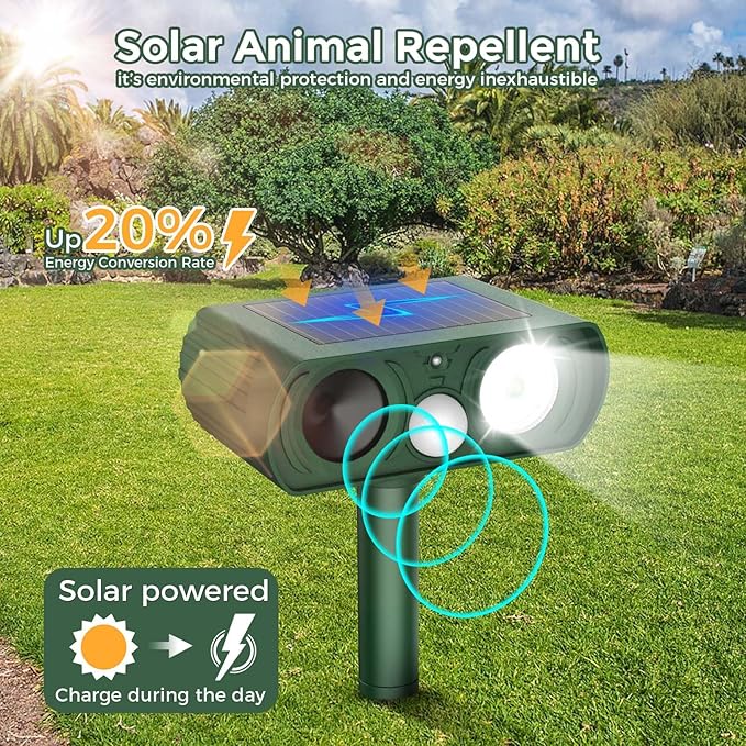 Upgraded Solar Ultrasonic Animal Repellent Outdoor, Deer Repellent Devices Squirrel Cat Raccoon Rabbit Dog Deterrent, Keep Rodent Chipmunk Away Motion Detection with Flash Light for Yard Garden Lawn