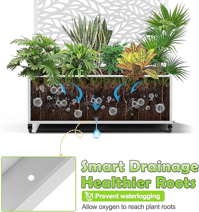 15.7"×70.9"×35.4" Metal Raised Garden Bed with Trellis and Wheels - Tall Trellis Planter Box for Climbing Plants, Vegetables & Vines - Outdoor Privacy Planters for Patio (White-Spring)