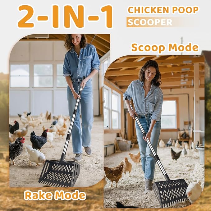 Chicken Poop Scooper & Rake, 2-in-1 Heavy Duty Metal Chicken Coop Scoop with Adjustable Length (36"–65"), Poultry Litter Tools Scooper Sand Sifting Shovel for Chicken Coops Animal Farms & Poultry Run