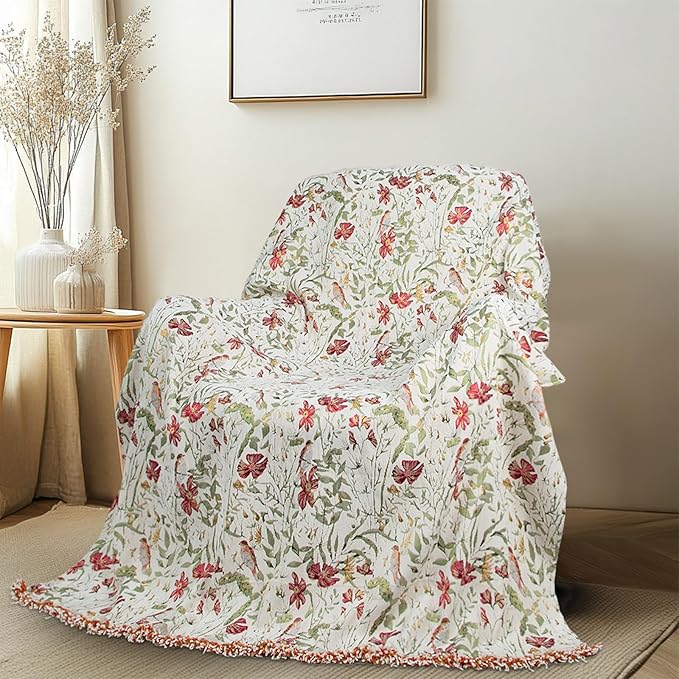 MACEVIA Boho Throw Blanket for Bed, Cardinal Bird Floral Throw Blanket, Floral Woven Boho Blankets and Throws with Tassel for Couch Sofa, All Season Cottagecore Decor Blanket (Cardinal 50"×70")