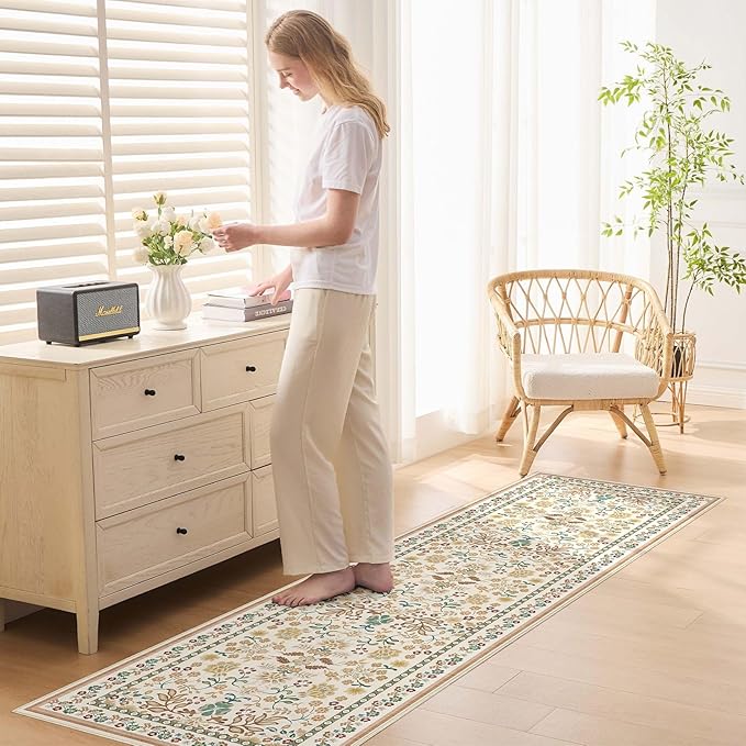 Runner Rug for Hallways Kitchen: 2x6 Washable Area Rug Boho Floral Soft Long Rug - Non-Slip Low Pile Throw Indoor Carpet for Entryway Kitchen Bedroom Laundry Bathroom - Brown