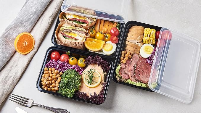 FULING 150 Pack Meal Prep Plastic Food Storage Containers With Lids 28 oz 1 Compartment Black Rectangular Reusable To Go Lunch Prepping Boxes BPA-Free Microwavable Freezer Dishwasher Safe Stackable