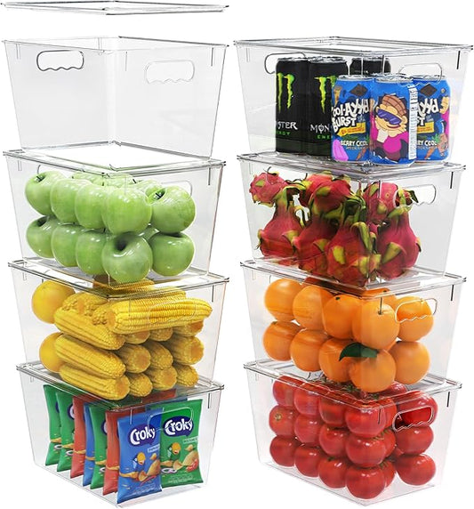 YAN & HIN 8 pcs/set Large Clear Cabinet Storage Bins with Lids - Stackable, Transparent Pantry Storage with Handles, Freezer Plastic Containers (11 "L x 7.5" W x 6.1 "H)