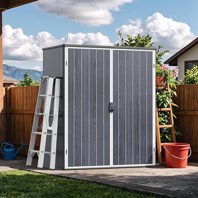Devoko 5 x 3 Resin Outdoor Storage Shed with Floor - Waterproof Plastic Outdoor Tool Cabinet with Lockable Doors for Patio Furniture, Pool Accessories, Garden Tools (Deep Gray)