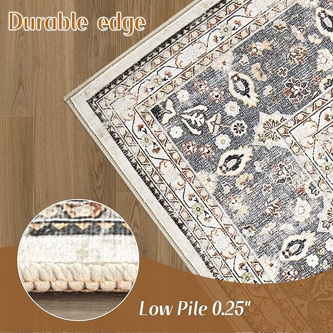 3x5 Washable Entryway Rug: Non-Slip Soft Indoor Throw Area Rug for Living Room Bedroom Kitchen, Boho Floral Distressed Durable Carpet for Hallway Bathroom Laundry Home Decor (Camel/Beige)