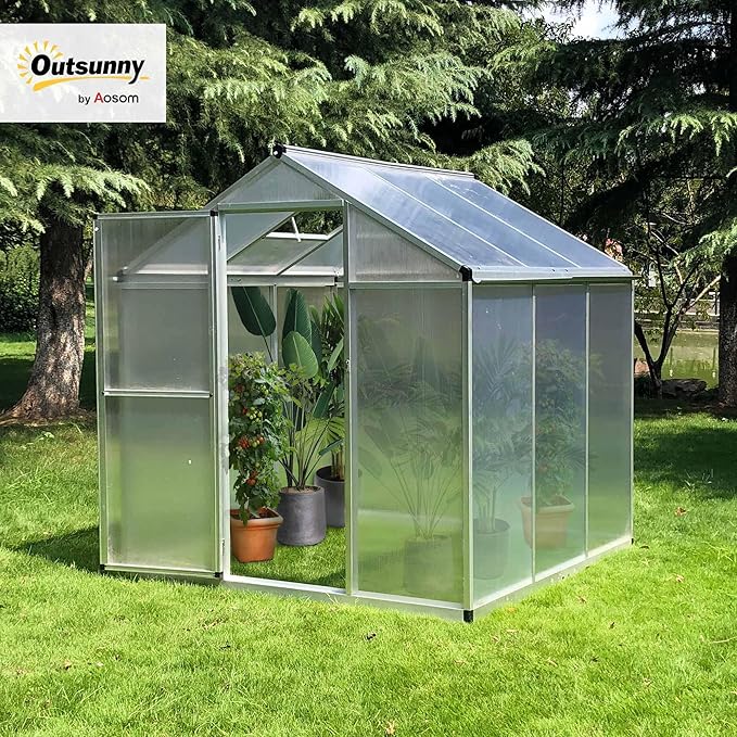 Outsunny 6' x 6' Greenhouse for Outdoors, Polycarbonate Greenhouse with Rain Gutter and Roof Vent, Aluminum Walk-in Green Houses for Outside Patio Backyard Garden