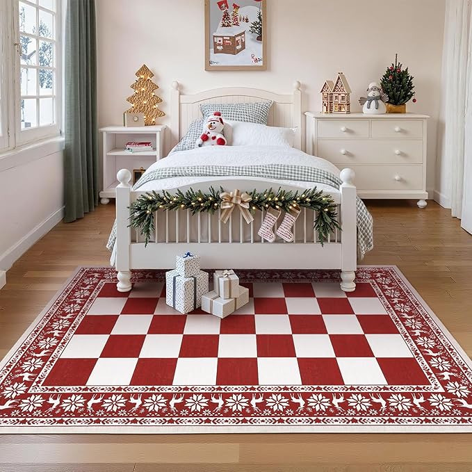 GarveeHome Red 6x9 Area Rugs for Living Room, Washable Rug for Christmas Decor, Indoor Non Slip Carpet, Checkered Soft Low Pile Christmas Rug for Bedroom, Dining Room