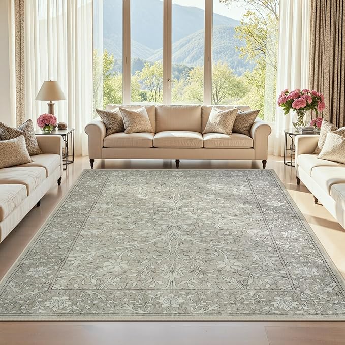 Collive 8x10 Area Rugs for Living Room, Washable Neutral Hand-Painted Floral Bedroom Rug, Vintage Distressed Non Slip Low Pile Large Carpet, Soft Retro Dining Room Office Rug, Taupe