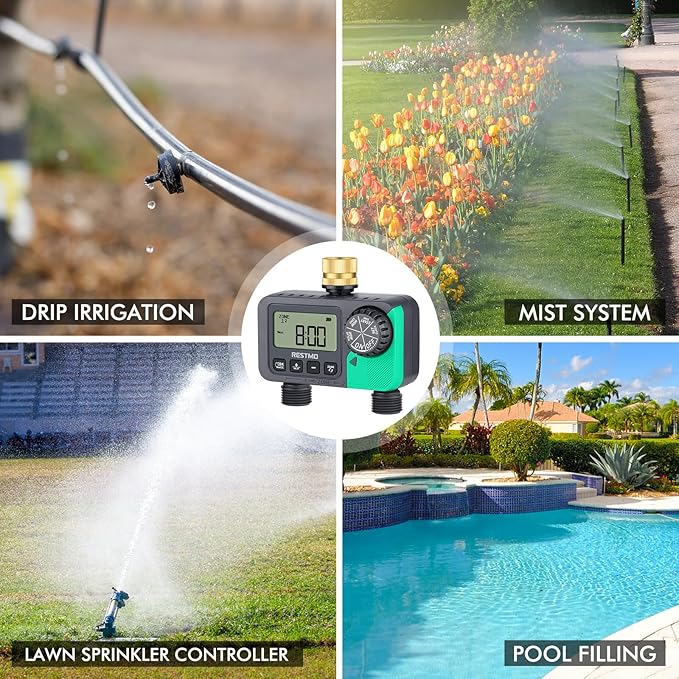 RESTMO Water Timer for Garden Hose, Sprinkler Timer with Brass Inlet, Automatic Digital Control | Manual ON/Off | Rain Delay, for Outdoor Faucet, Drip Irrigation and Lawn, 2 Outlet